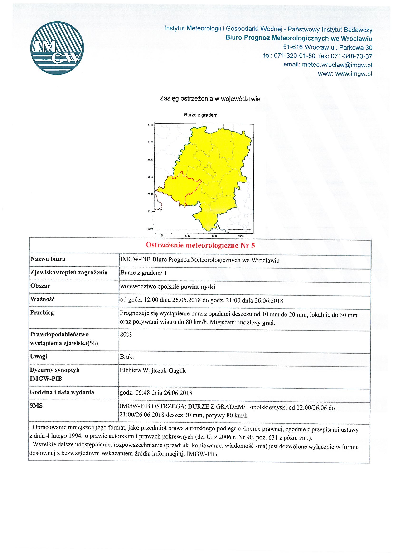 Ostrzeżenie meteorologiczne Nr 5 