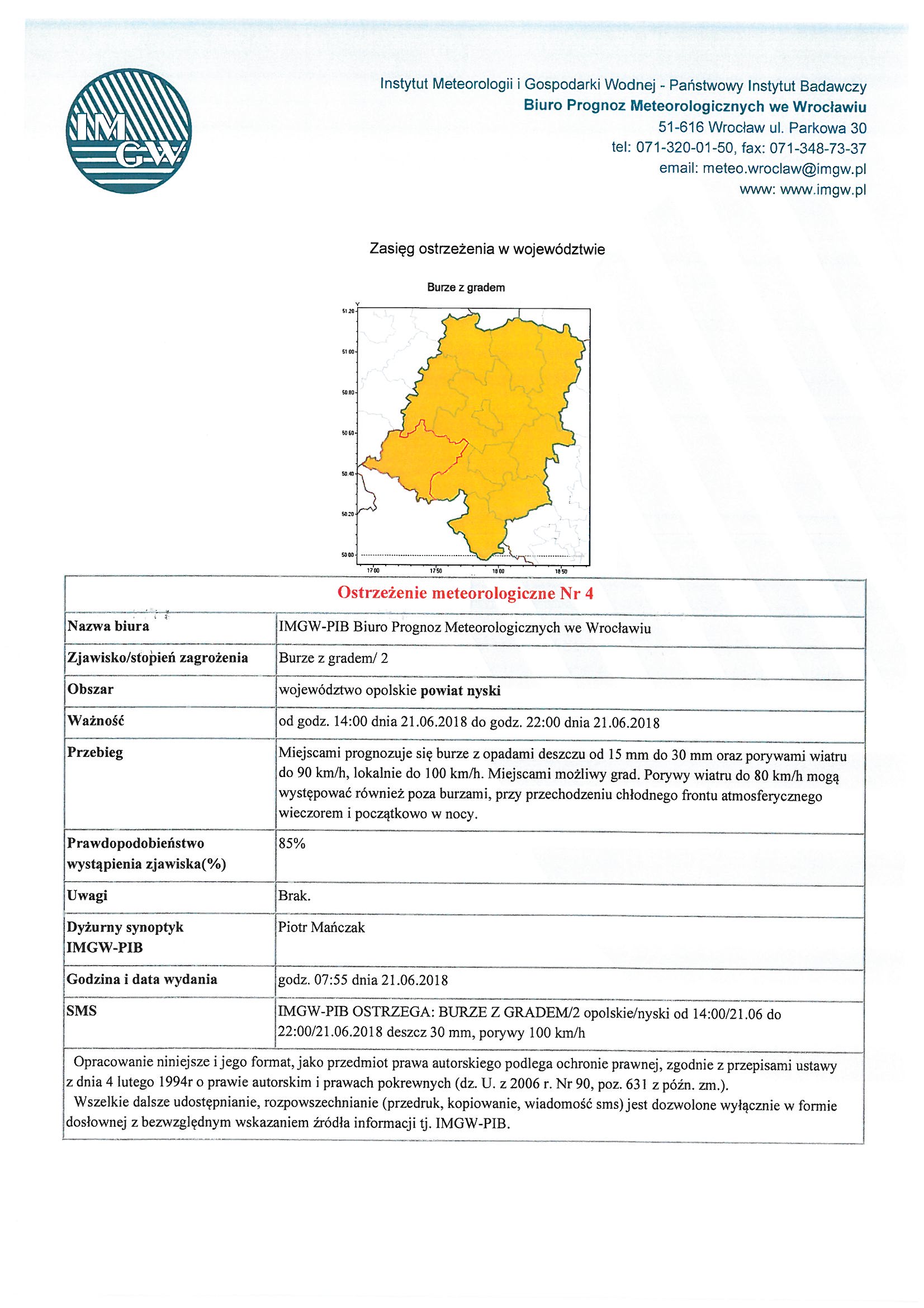 Ostrzeżenie meteorologiczne Nr 4