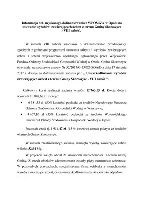 zdjęcie do
														 artykułu: Informacja dot. uzyskanego dofinansowania z WFOŚiGW w Opolu na usuwanie wyrobów  zawierających azbest z terenu Gminy Skoroszyce (VIII nabór).