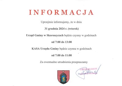 zdjęcie do
														 artykułu: GODZINY PRACY URZĘDU 31 GRUDNIA 2024 r. -INFORMACJA 