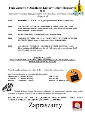 zdjęcie do
														 artykułu: Ferie zimowe 2018 z Ośrodkiem Kultury Gminy Skoroszyce 