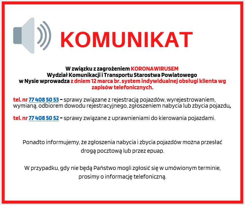 Wydział Komunikacji i Transportu wprowadza z dniem 12 marca br.  system indywidualnej obsługi klienta