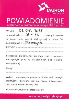 zdjęcie do
														 artykułu: Przerwa w dostawie prądu w m. Skoroszyce! 