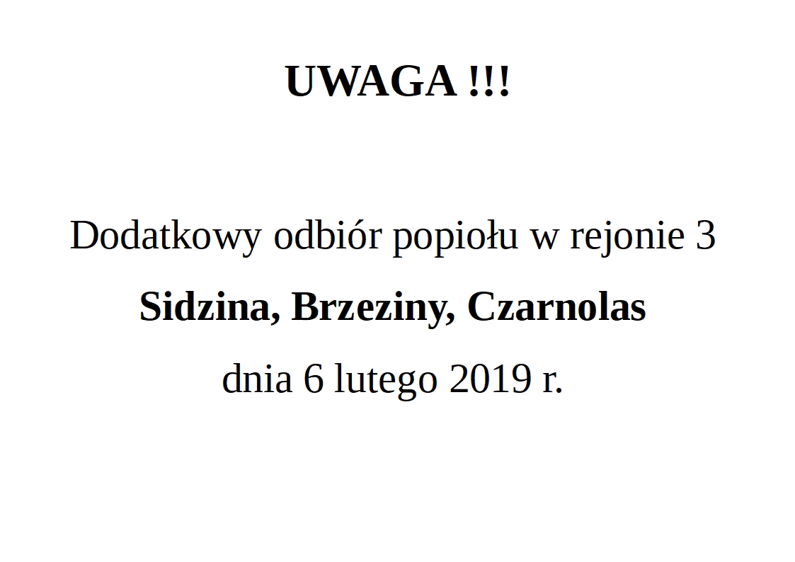 Informacja - dodatkowy odbiór popiołu 