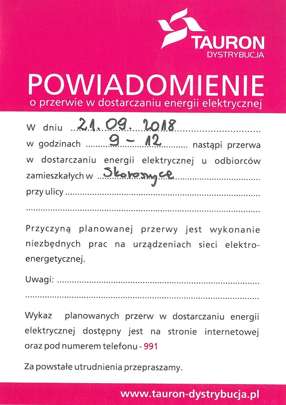 Przerwa w dostawie prądu w m. Skoroszyce! 