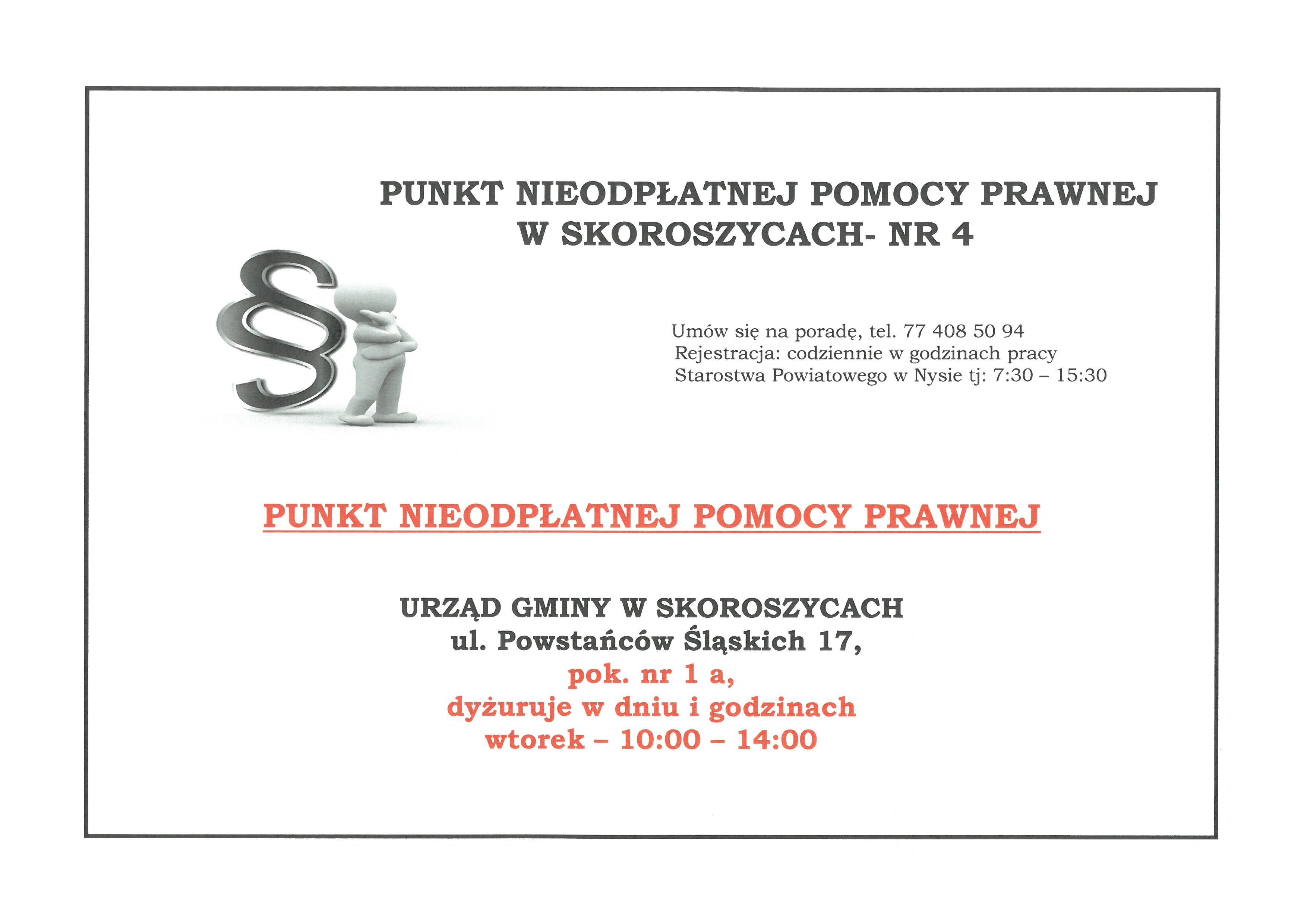 Informacja dotycząca Nieodpłatnych Porad Prawnych w Skoroszycach