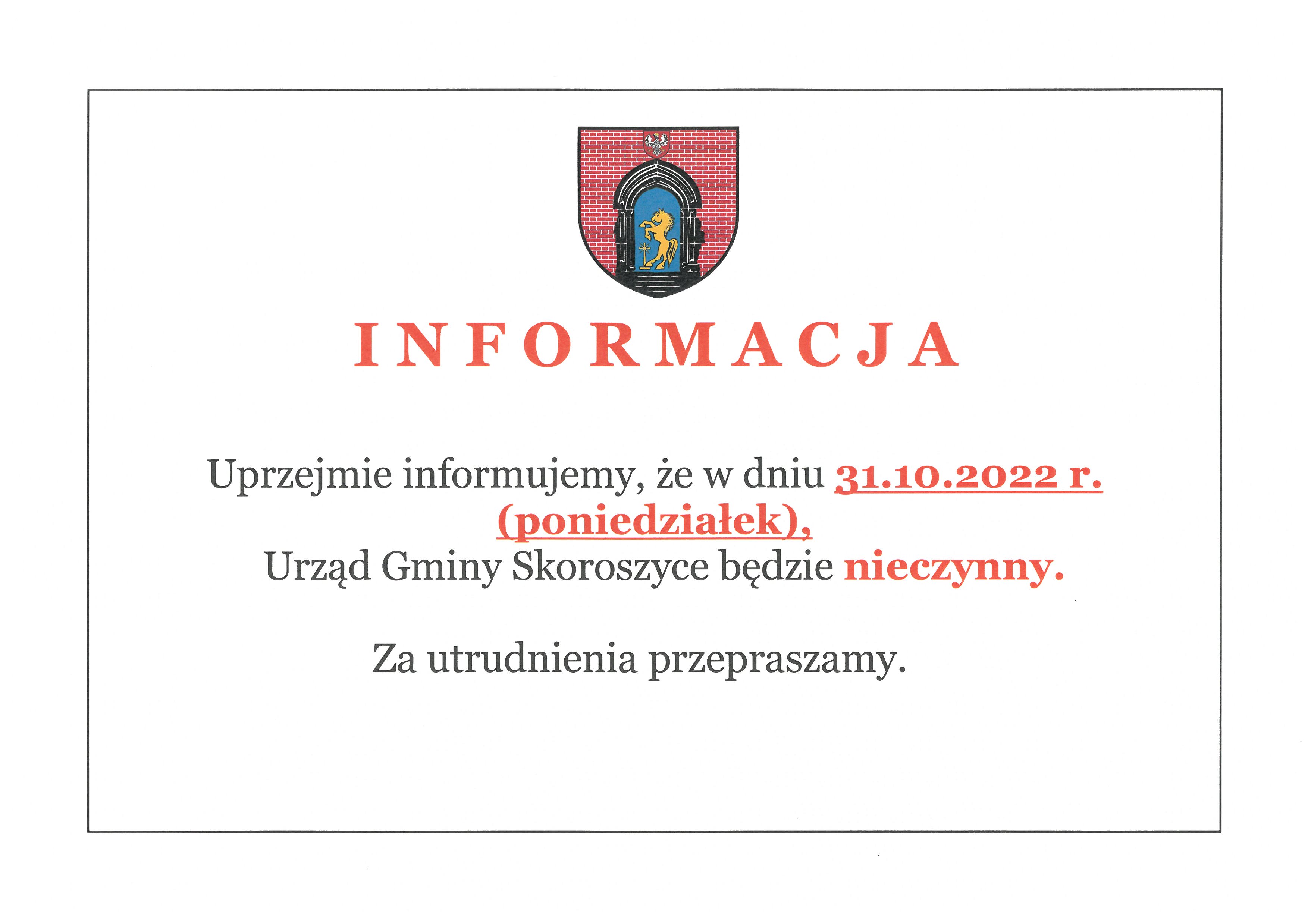 Uwaga! 31 października Urząd Gminy będzie nieczynny.