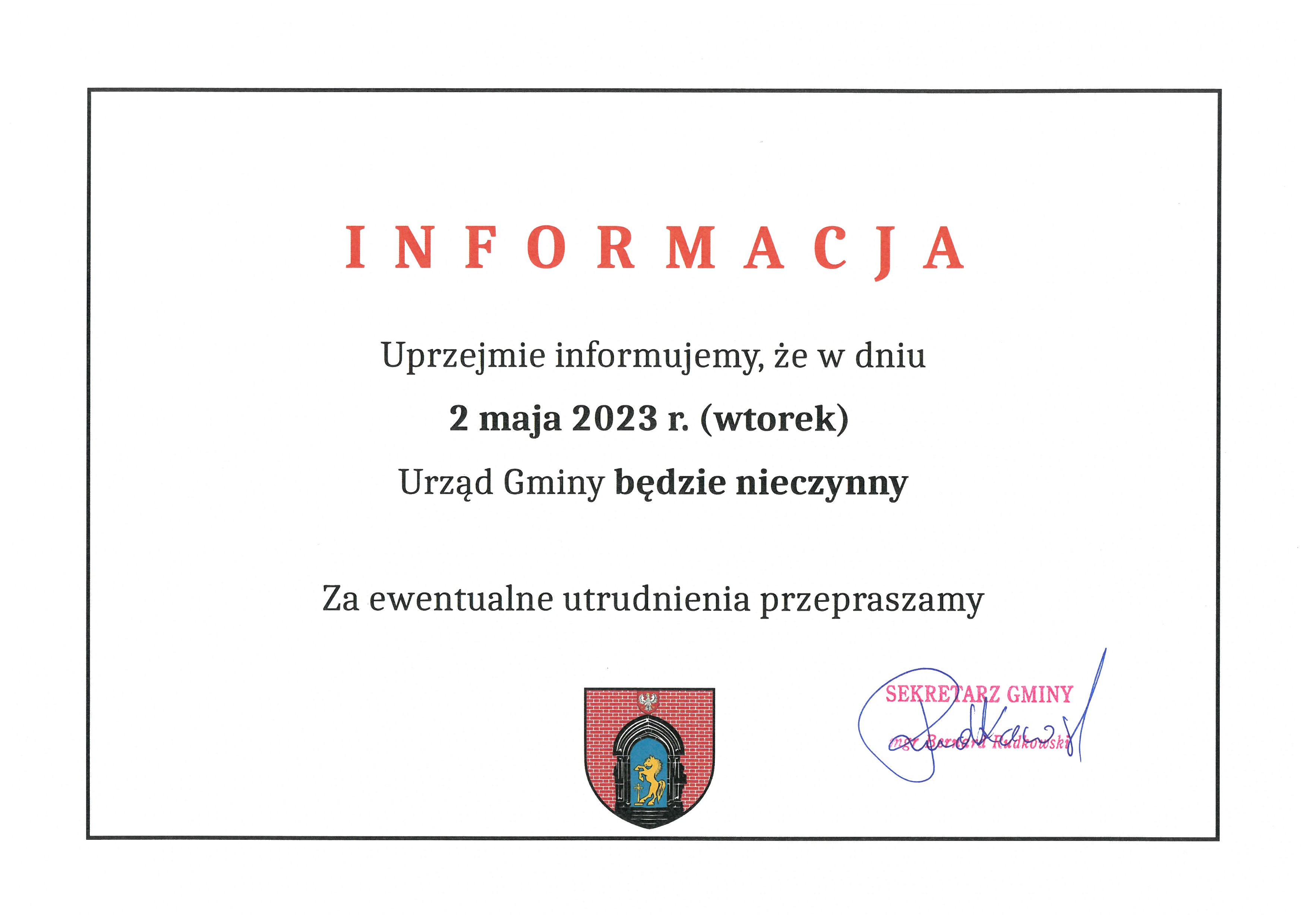 2 maja 2023 r. Urząd Gminy w Skoroszycach będzie nieczynny