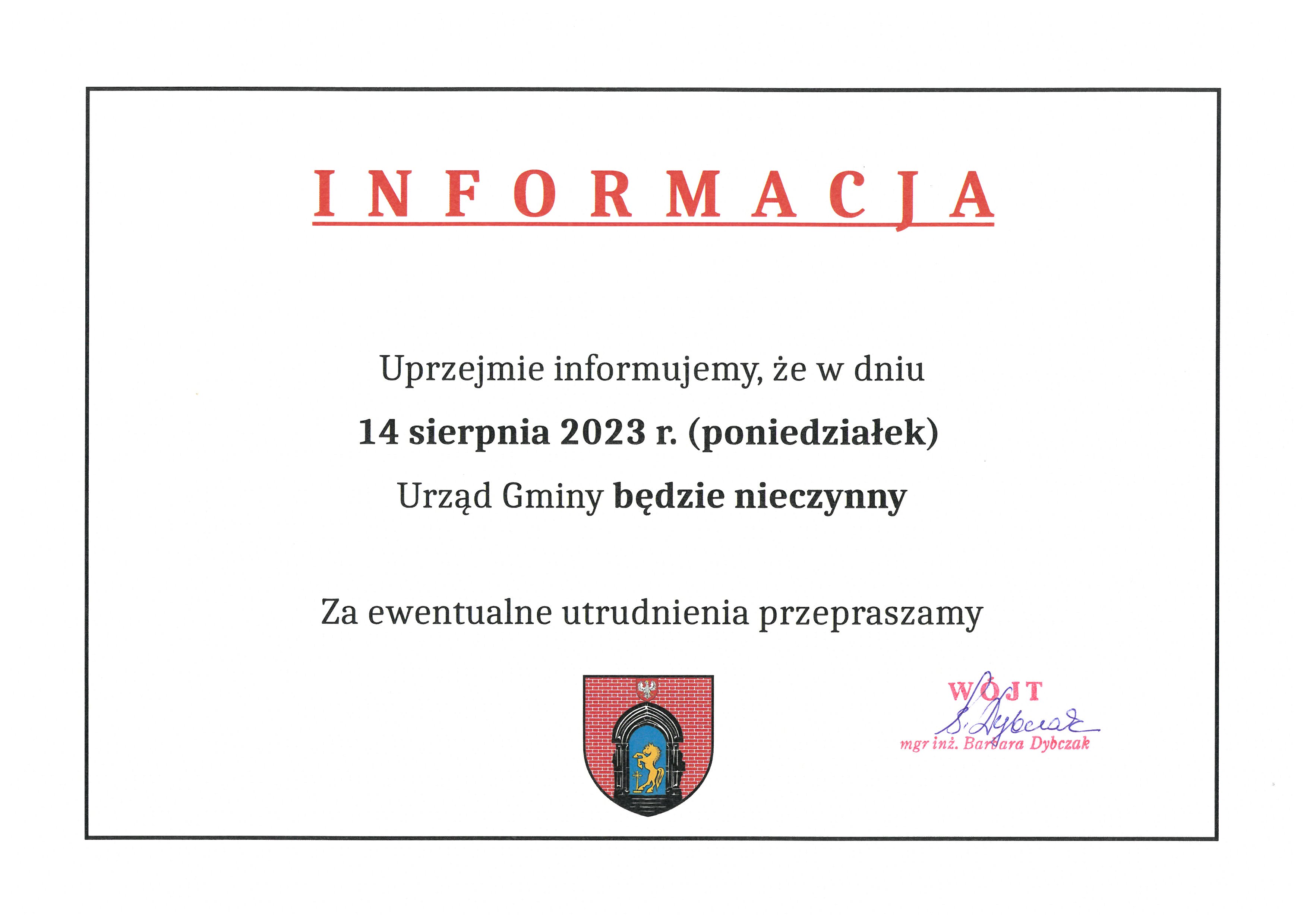 Uwaga! 14 sierpnia 2023 r. Urząd Gminy będzie nieczynny