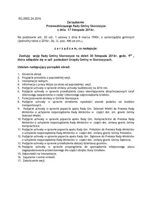 zdjęcie do
														 artykułu: Porządek obrad sesji Rady Gminy Skoroszyce w dniu 30 listopada 2016 r. godz. 9.00 sala posiedzeń Urzędu Gminy w Skoroszycach.