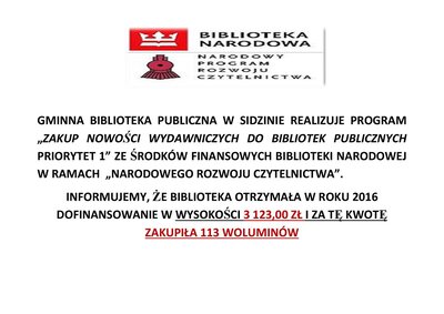 zdjęcie do
														 artykułu: GMINNA BIBLIOTEKA PUBLICZNA W SIDZINIE REALIZUJE PROGRAM ZAKUP NOWOŚCI WYDAWNICZYCH DLA BIBLIOTEK PUBLICZNYCH PRIORYTET 1
