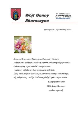 zdjęcie do
														 artykułu: Życzenia Pani Barbary Dybczak Wójta Gminy Skoroszyce z okazji Dnia Edukacji Narodowej