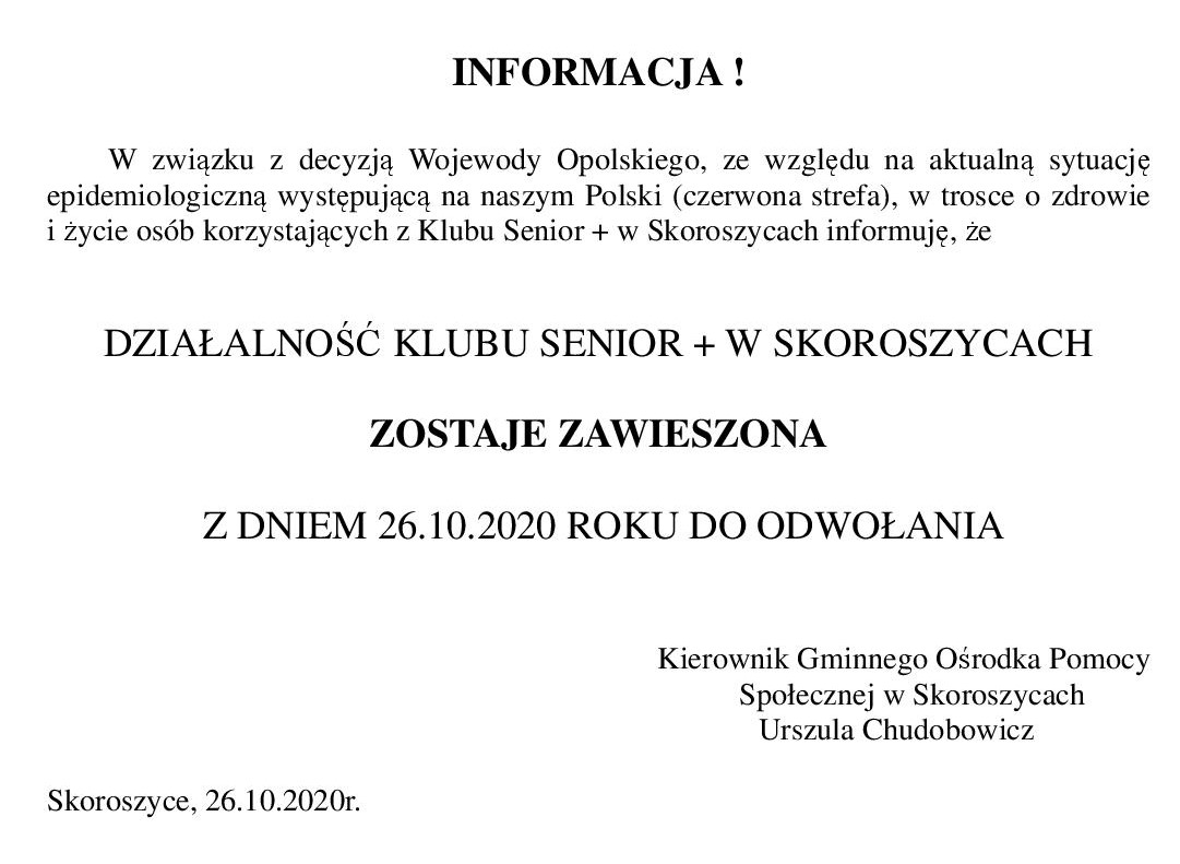 Zawieszenie działalności KLUBU SENIORA