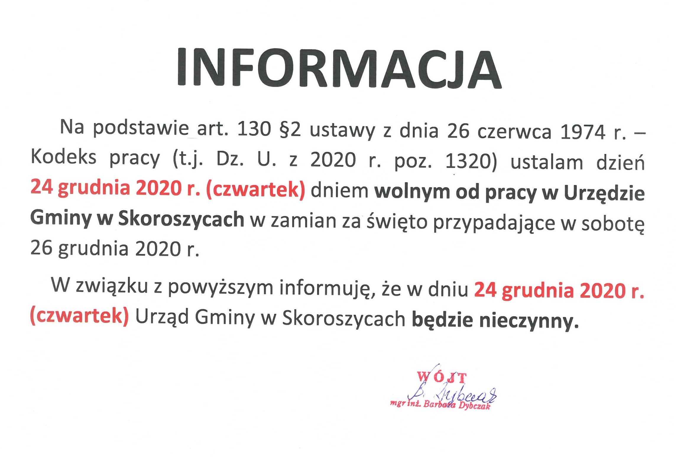 24 grudnia 2020 Urząd nieczynny 