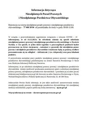 zdjęcie do
														 artykułu: Nieodpłatne porady prawne i nieodpłatne poradnictwo obywatelskie od dnia 14.12.br. na terenie Powiatu Nyskiego.