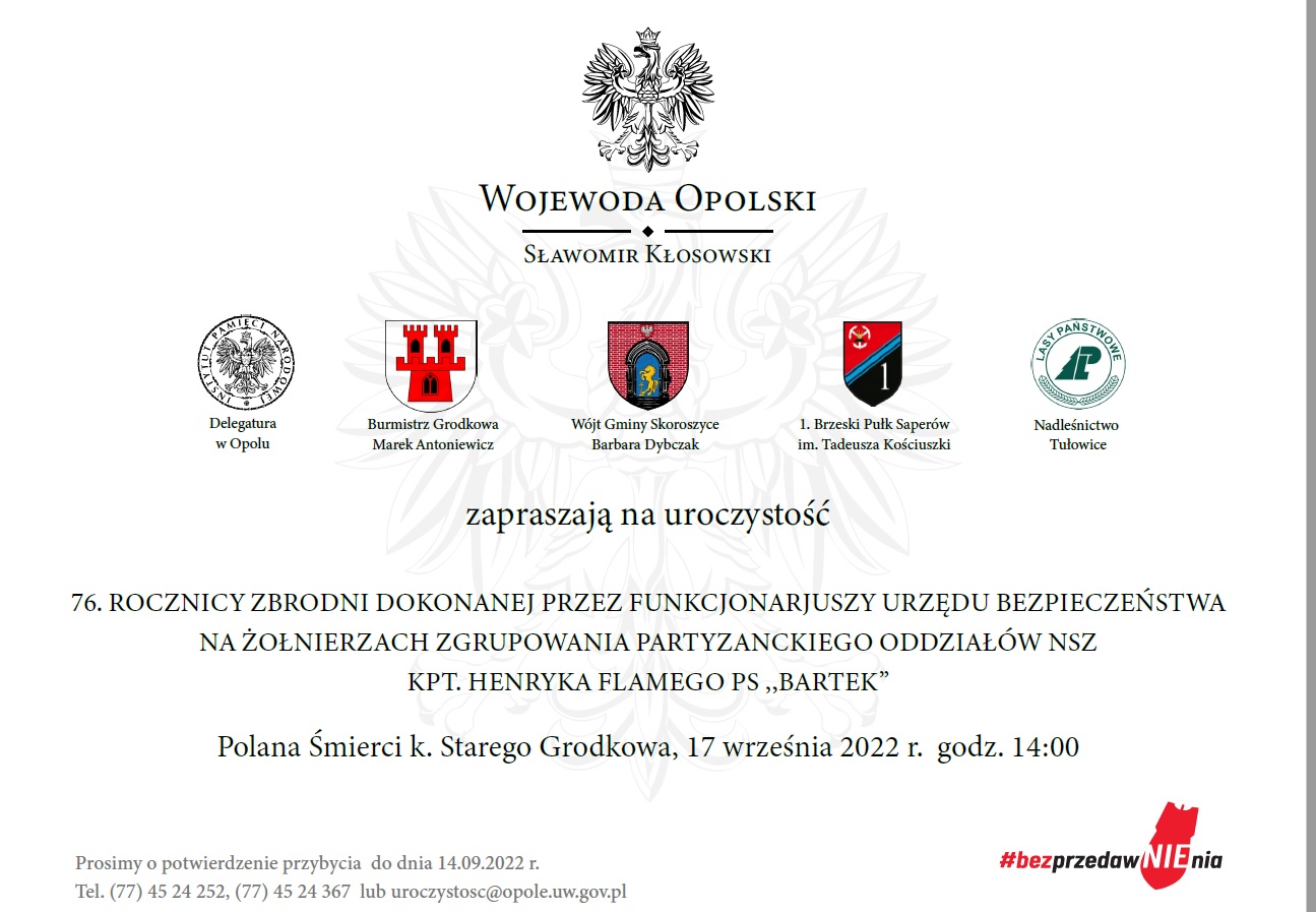 76. ROCZNICY ZBRODNI DOKONANEJ PRZEZ FUNKCJONARJUSZY URZEDU BEZPIECZENSTWA NA ZOŁNIERZACH ZGRUPOWANIA PARTYZANCKIEGO ODDZIAŁÓW NSZ KPT. HENRYKA FLAMEGO PS ,,BARTEK”