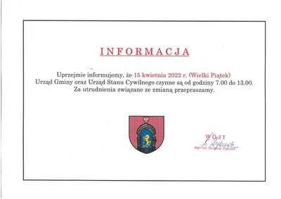 zdjęcie do
														 artykułu: Wielki Piątek - skrócony czas pracy Urzędu. 