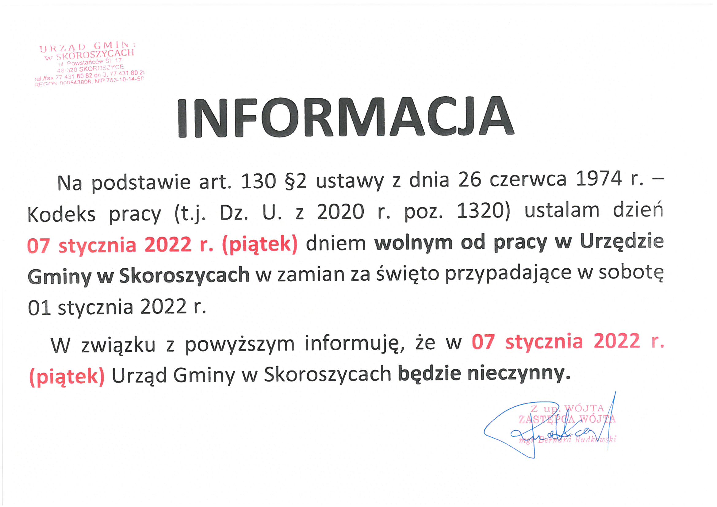 7 stycznia dniem wolnym od pracy w Urzędzie Gminy w Skoroszycach 