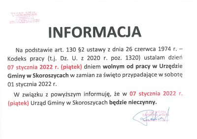 zdjęcie do
														 artykułu: 7 stycznia dniem wolnym od pracy w Urzędzie Gminy w Skoroszycach 
