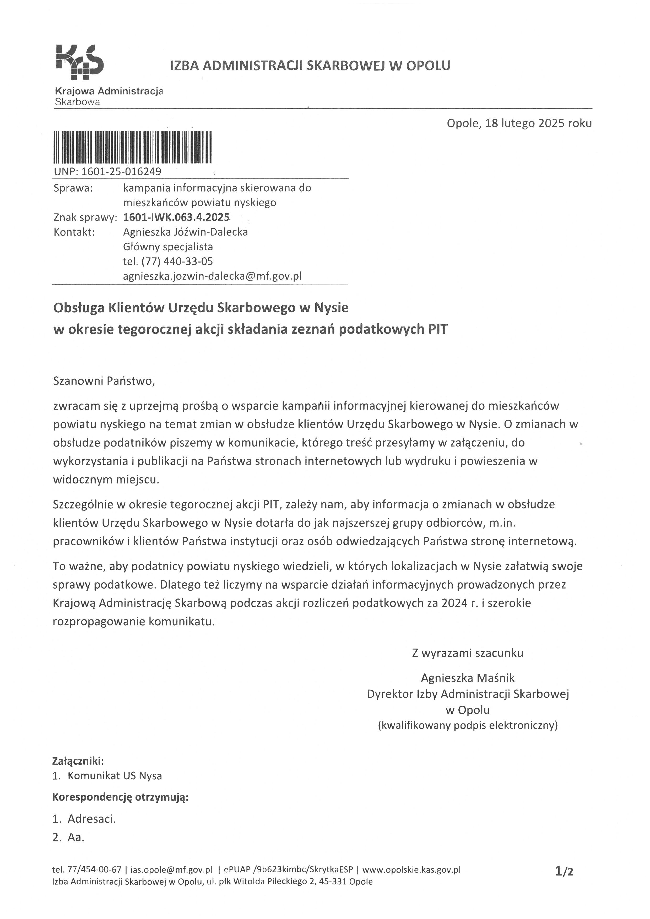 Kampania informacyjna kierowana do mieszkańców powiatu nyskiego na temat zmian w obsłudze klientów Urzędu Skarbowego w Nysie