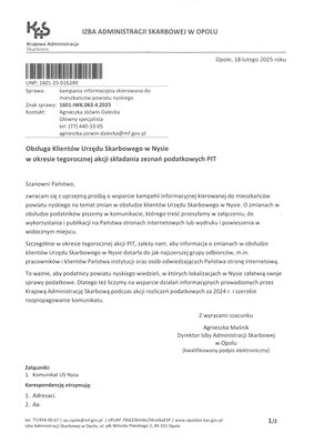 zdjęcie do
														 artykułu: Kampania informacyjna kierowana do mieszkańców powiatu nyskiego na temat zmian w obsłudze klientów Urzędu Skarbowego w Nysie