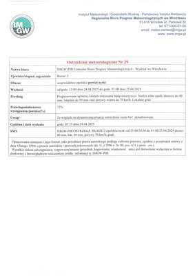 zdjęcie do
														 artykułu: Ostrzeżenie meteorologiczne nr 29 z dnia 24-04-2025 r. 