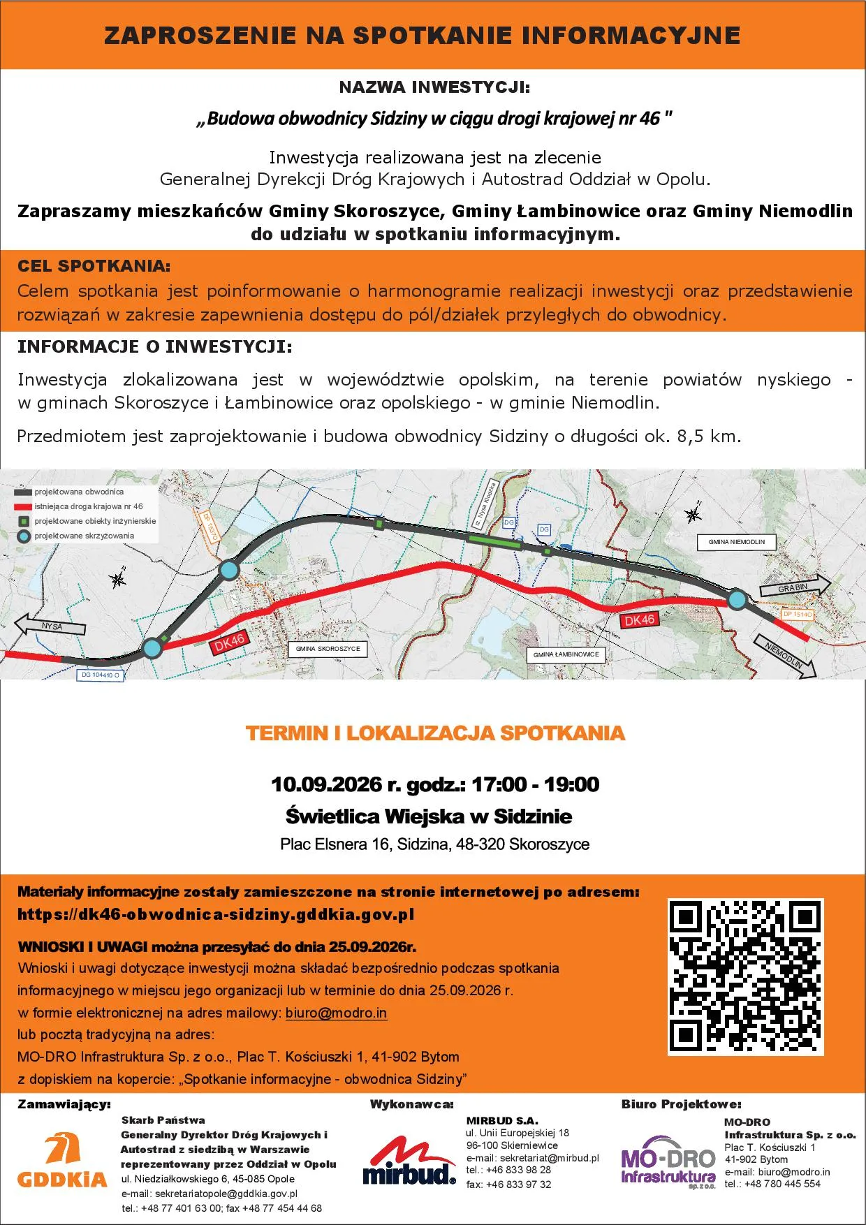 Zaproszenie na spotkanie informacyjne dotyczące inwestycji pn.: „Budowa obwodnicy Sidziny w ciągu drogi krajowej nr 46”