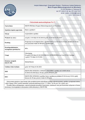 zdjęcie do
														 artykułu: Ostrzeżenie meteorologiczne Nr 17
