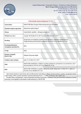 zdjęcie do
														 artykułu: Ostrzeżenie meteorologiczne Nr 62