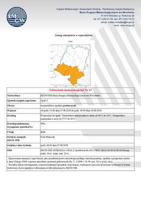 zdjęcie do
														 artykułu: Ostrzeżenie meteorologiczne Nr 15