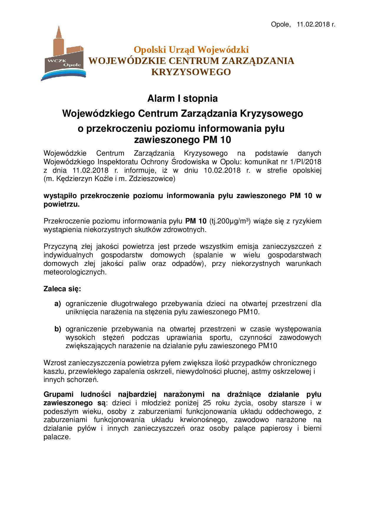 Alarm I stopnia Wojewódzkiego Centrum Zarządzania Kryzysowego o przekroczeniu poziomu informowania pyłu  zawieszonego PM 10