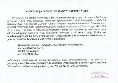 zdjęcie do
														 artykułu: Informacja o zmianie danych - Zakład Oczyszczania i Wodociągów