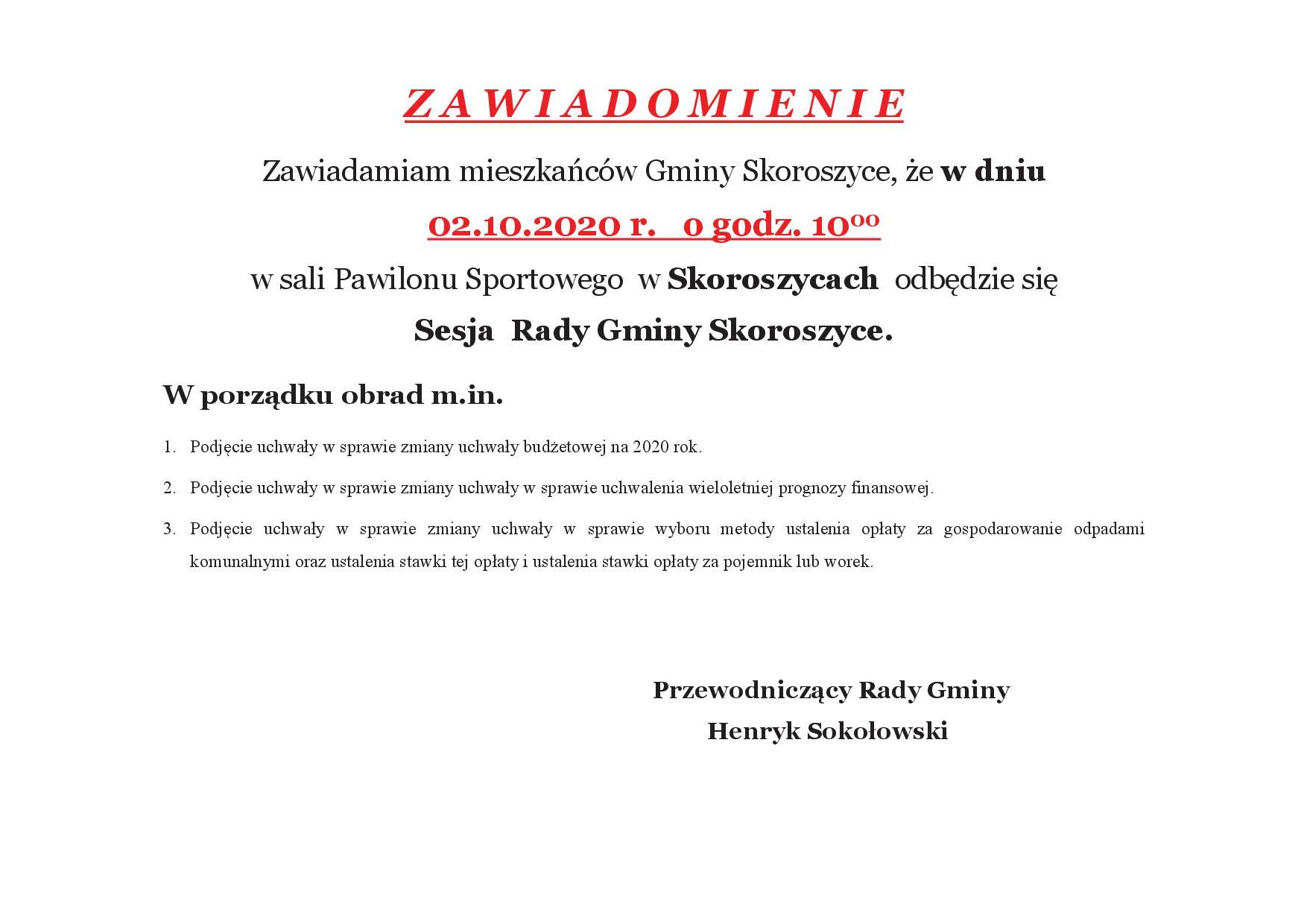 Sesja Rady Gminy Skoroszyce 02 października 2020 r.