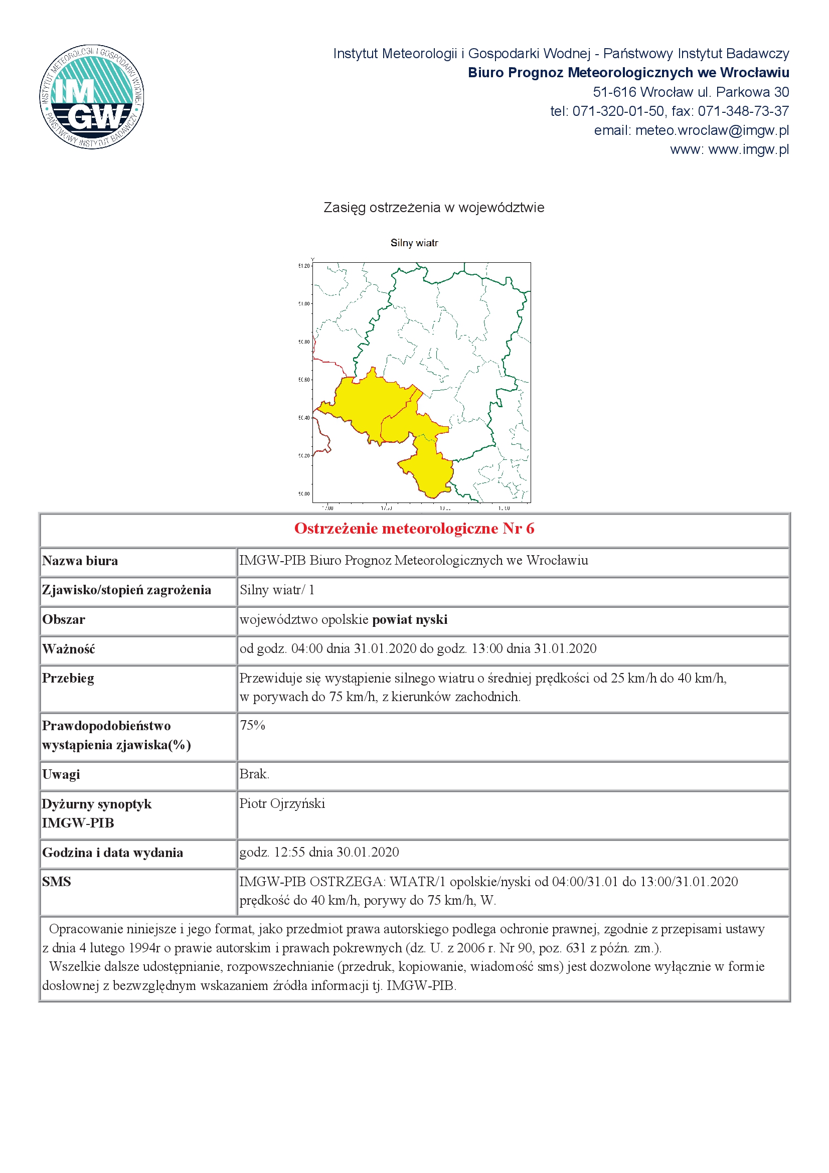 Ostrzeżenie meteorologiczne Nr 6 - Silny wiatr