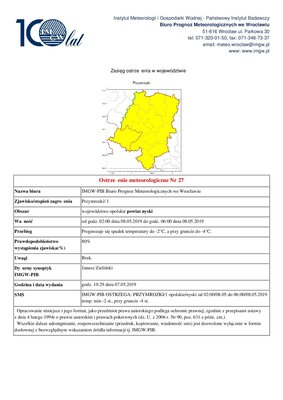 Ostrzeżenie meteorologiczne Nr 27